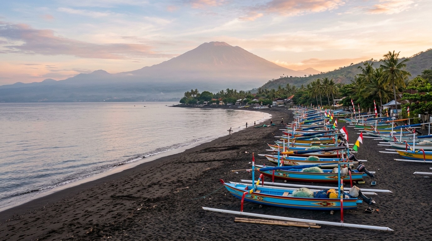 Traditional jukung boats on the black sand beach of Amed with Mount Agung behind