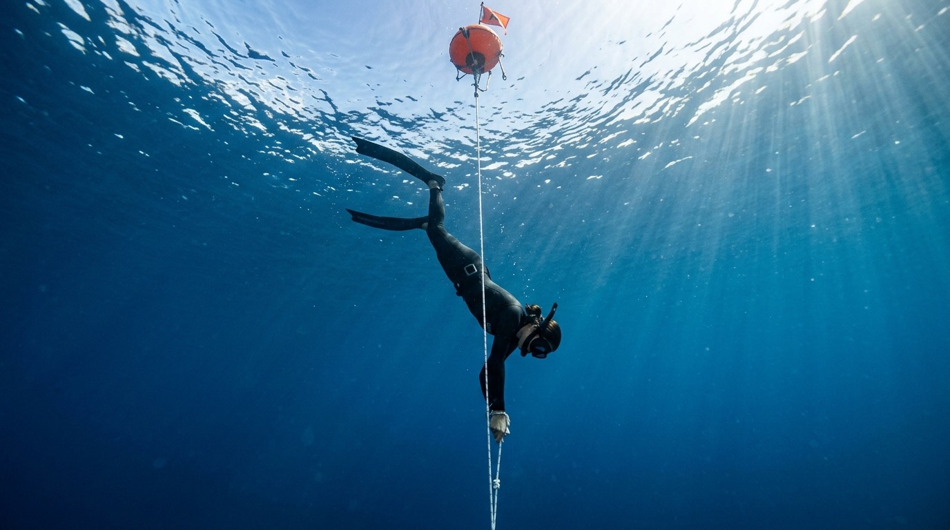A freediver descending head-first along a dive line in clear blue water, an orange buoy at the surface