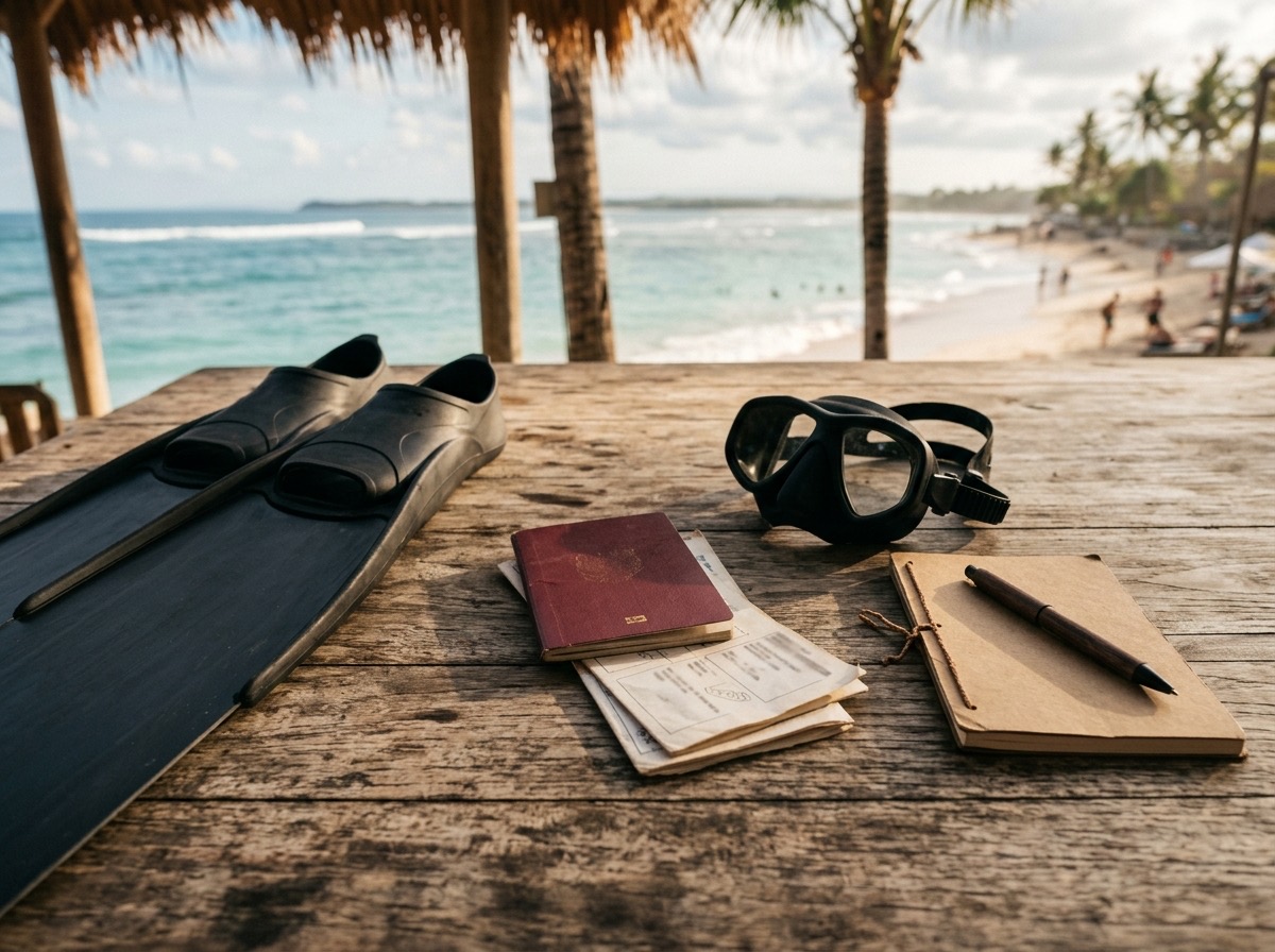 Passport, visa papers and freediving fins on a wooden table