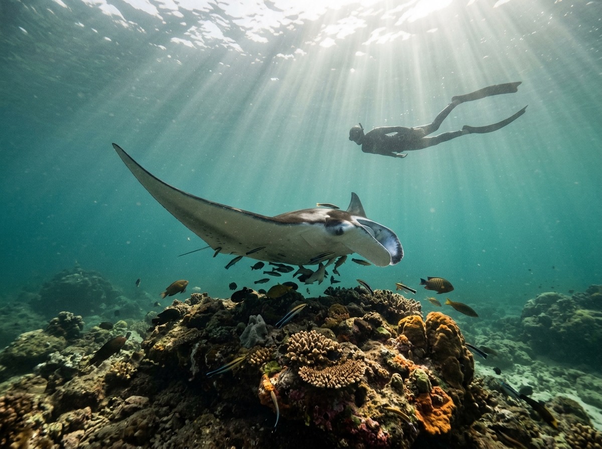 A reef manta ray at a cleaning station off Nusa Penida, a freediver keeping their distance