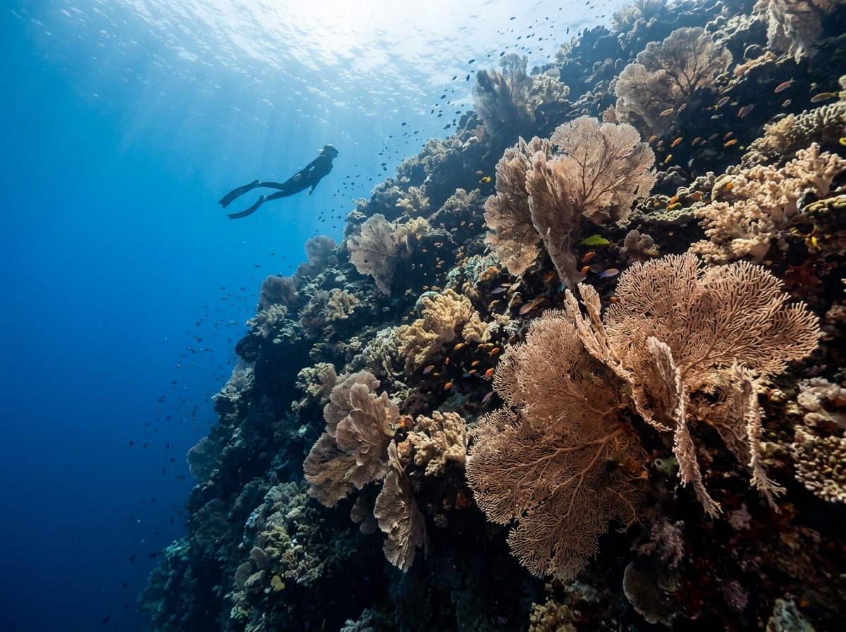 A coral wall with sea fans at Menjangan Island and a freediver alongside