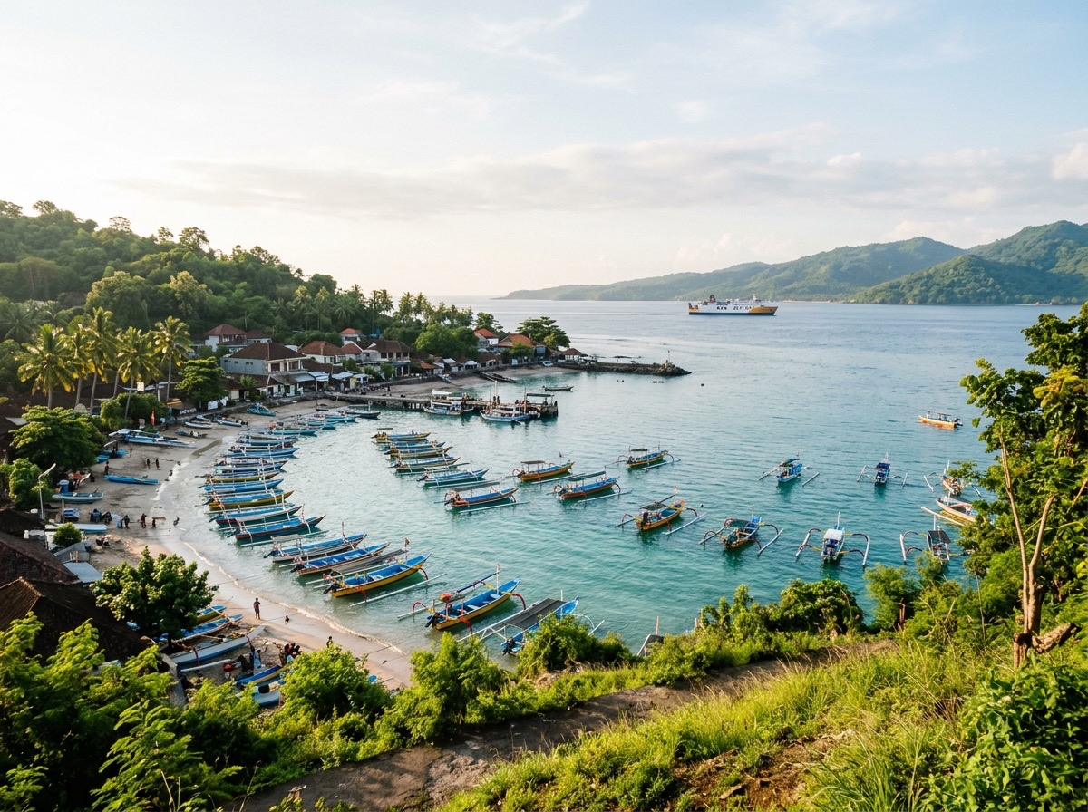 The harbour bay of Padang Bai with boats on the water