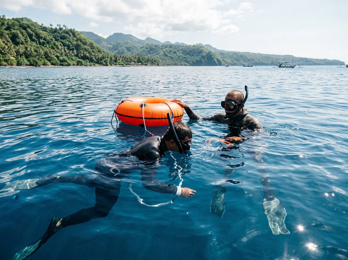 Two freedivers at a surface buoy, one watching the other breathe up