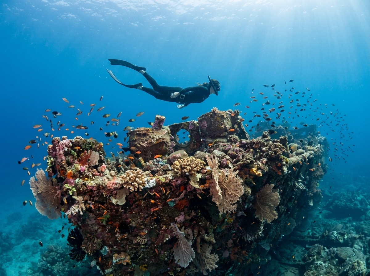 A freediver above the coral-covered USAT Liberty wreck in Tulamben